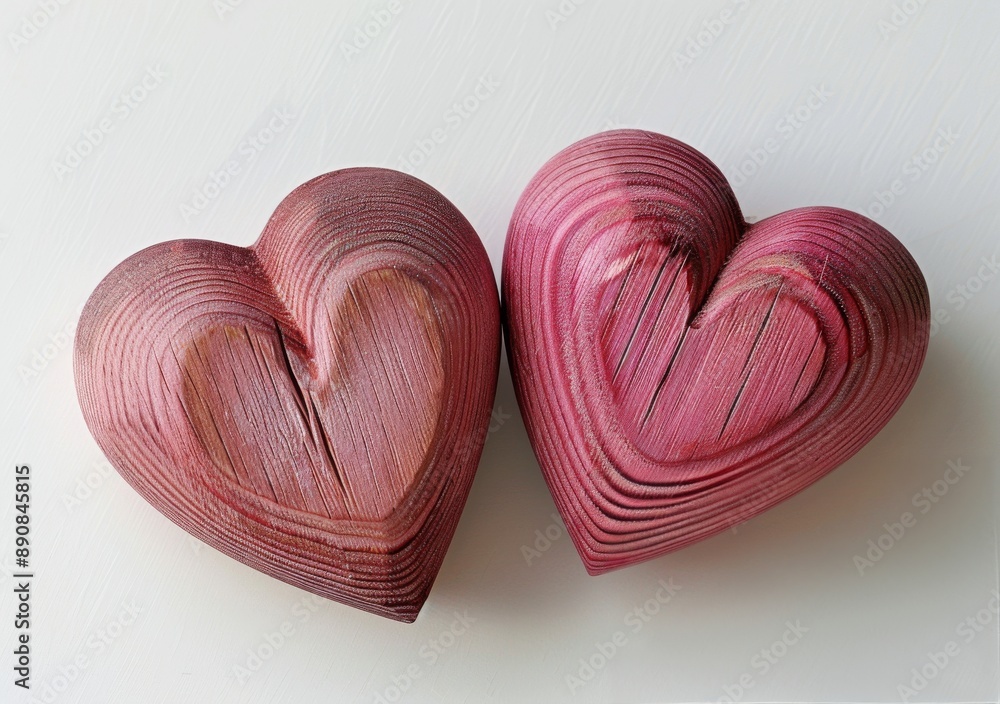 Two Pink Wooden Hearts on White Background Two Pink Wooden Hearts on White Background