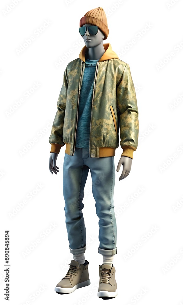 Mannequin in graphic tee, bomber jacket, distressed jeans, high sneakers, beanie, sunglasses Mannequin in graphic tee, bomber jacket, distressed jeans, high sneakers, beanie, sunglasses