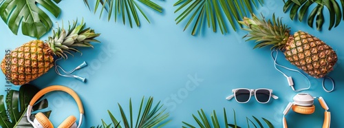 Tropical Summer Flat Lay With Pineapples, Palm Leaves, Headphones, and Sungla...