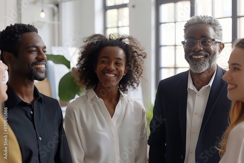 Team of happy diverse multiracial people having fun at work after business training or corporate meeting, standing in office presentation room, talking and sharing their, Generative AI