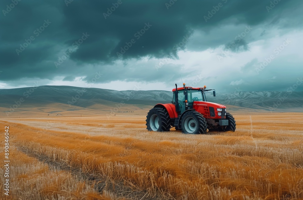 Red Tractor in a Field After Harvest Red Tractor in a Field After Harvest