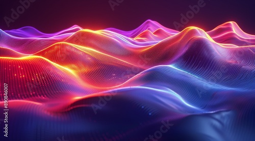 Abstract Digital Landscape With Red, Orange, and Blue Light Waves