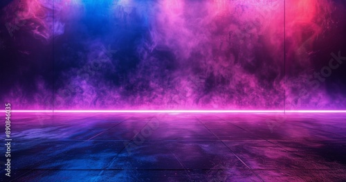 Pink And Blue Neon Lights On A Dark Empty Floor