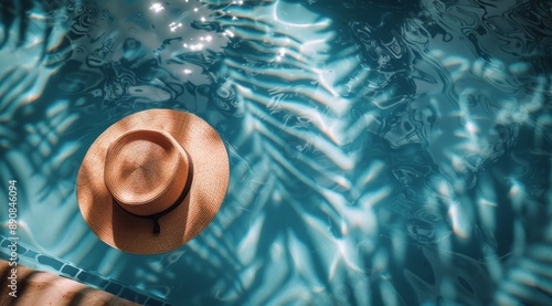 Straw Hat Floating in a Pool of Blue Water With Palm Tree Shadows