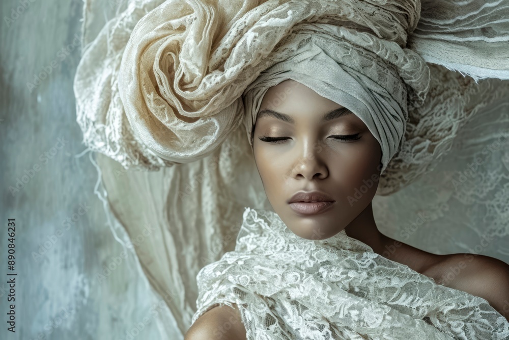 Woman with eyes closed wearing elaborate lace headwrap and shawl. Fashion and cultural portrait concept Woman with eyes closed wearing elaborate lace headwrap and shawl. Fashion and cultural portrait concept