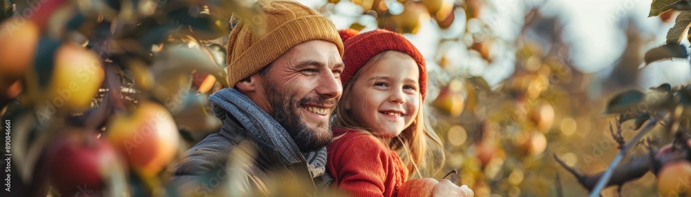 A heartwarming scene of a father and daughter enjoy dressed warmly in cozy hats and sweaters, their smiles radiating joy as they bond among the apple trees. A heartwarming scene of a father and daughter enjoy dressed warmly in cozy hats and sweaters, their smiles radiating joy as they bond among the apple trees.