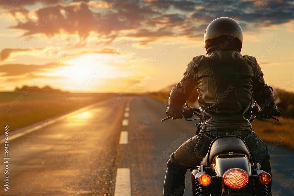 Man riding a bikeon the road, stand his back. Motorbike panoramic banner Man riding a bikeon the road, stand his back. Motorbike panoramic banner