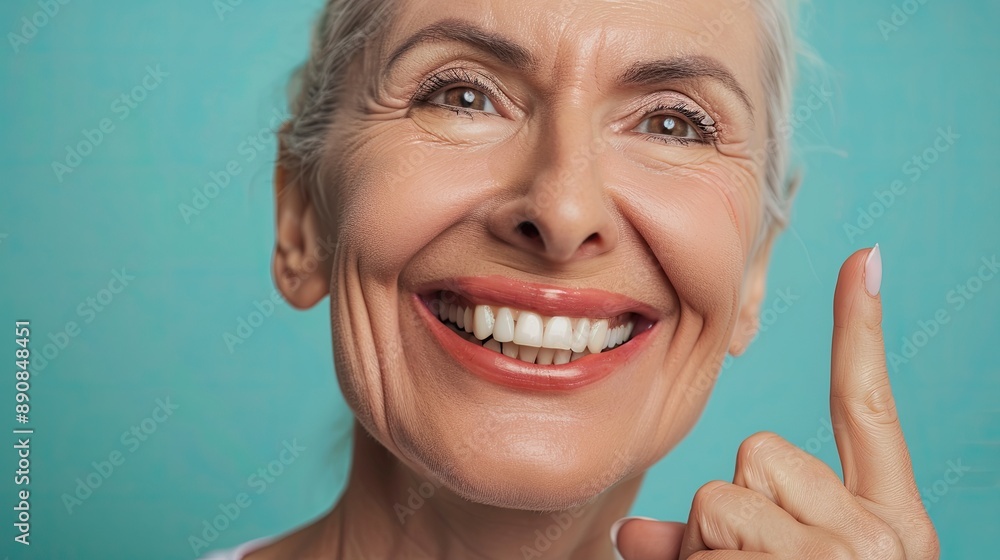 smiling old age woman pointing to corner of her mouth, copy space. Dental care. Dentistry concept. smiling old age woman pointing to corner of her mouth, copy space. Dental care. Dentistry concept.
