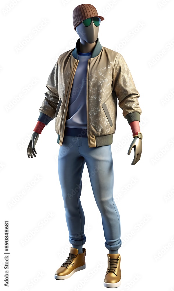 Mannequin in graphic tee, bomber jacket, distressed denim, high-top sneakers, beanie, sunglasses Mannequin in graphic tee, bomber jacket, distressed denim, high-top sneakers, beanie, sunglasses