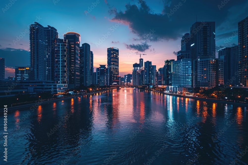 Obraz premium A river flows through the city surrounded by tall buildings and urban landscape