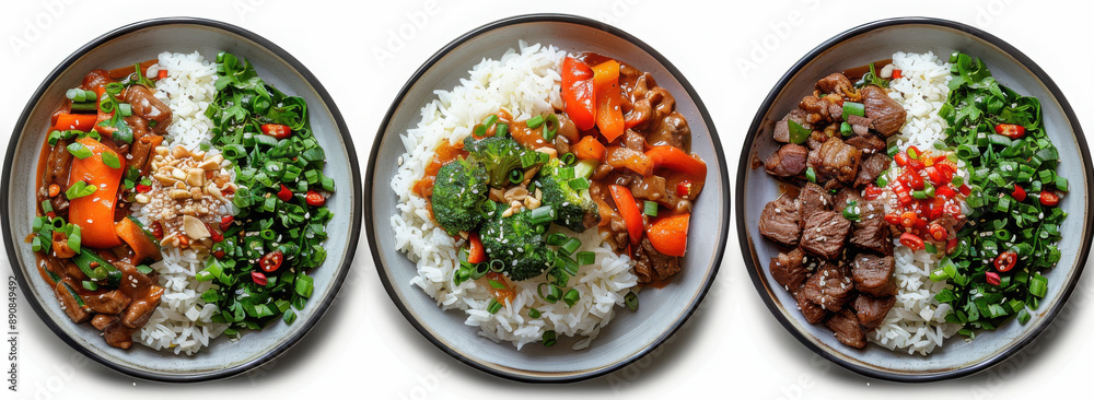 Plates with rice and beef isolated on transparent background, top view
Plates with rice and beef isolated on transparent background, top view