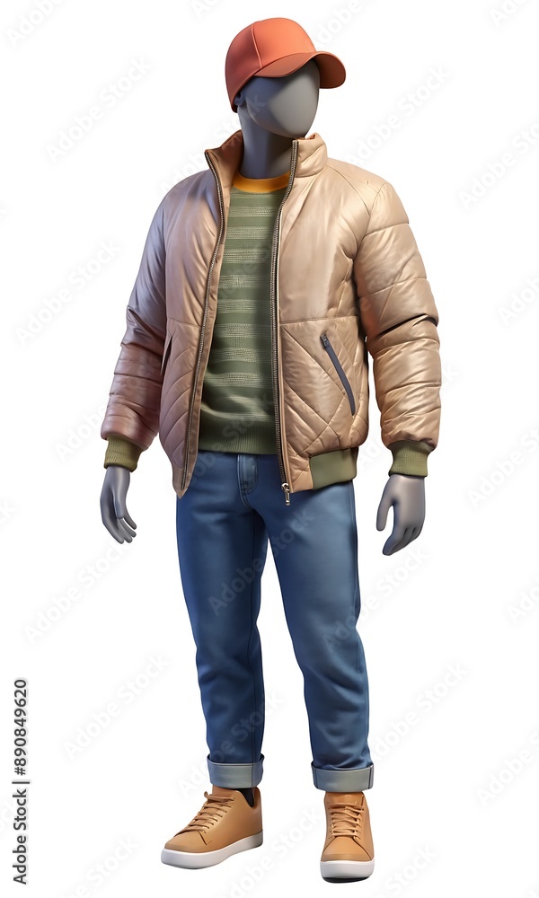 Full mannequin in graphic t-shirt, bomber jacket, ripped jeans, high-top sneakers, beanie, shades Full mannequin in graphic t-shirt, bomber jacket, ripped jeans, high-top sneakers, beanie, shades