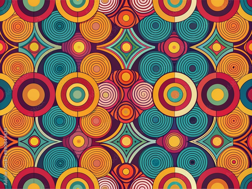 Retro 70s-inspired geometric pattern featuring overlapping circles in bold, bright colors and playful textures, evoking a funky, psychedelic vibe in a vintage design. Retro 70s-inspired geometric pattern featuring overlapping circles in bold, bright colors and playful textures, evoking a funky, psychedelic vibe in a vintage design.