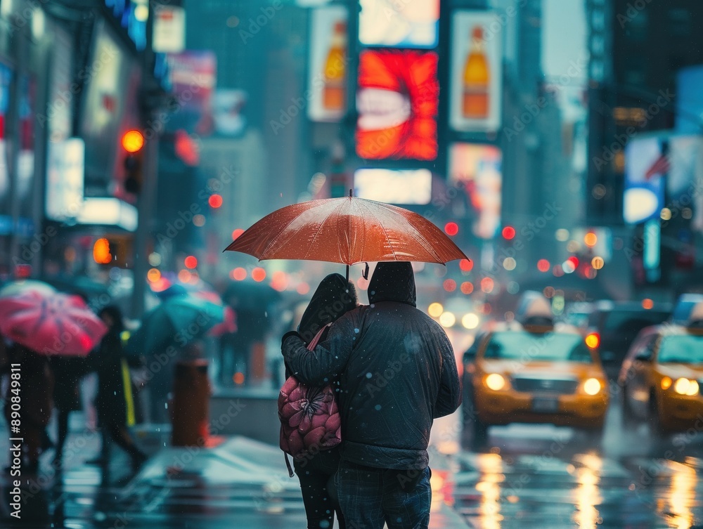 Obraz premium A couple sharing an umbrella in a bustling city, their focus solely on each other amidst the crowd