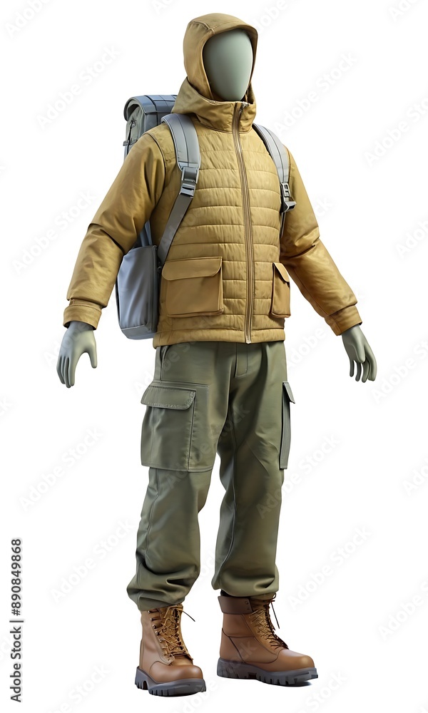 Mannequin wearing henley, cargo pants, boots, jacket, and backpack Mannequin wearing henley, cargo pants, boots, jacket, and backpack