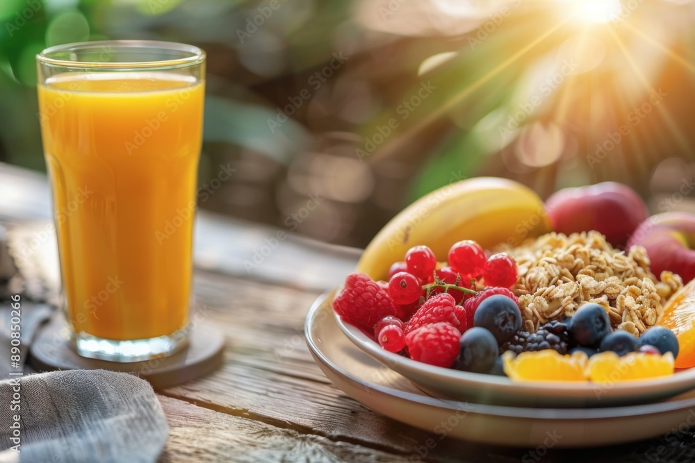 Healthy breakfast setup with oatmeal, fresh fruits, and orange juice Healthy breakfast setup with oatmeal, fresh fruits, and orange juice