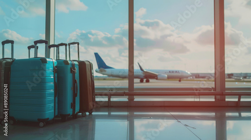 Luggage in airport terminal with airplane in background. Journey and aviation concept