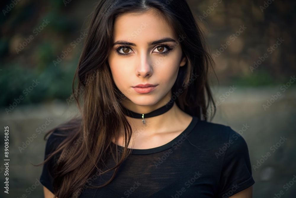 A beautiful young woman with dark hair and brown eyes is looking at the camera. She is wearing a black choker and a black t-shirt. A beautiful young woman with dark hair and brown eyes is looking at the camera. She is wearing a black choker and a black t-shirt.