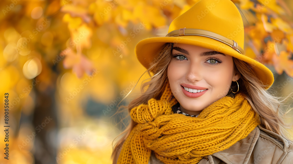 Autumn Portrait of a Smiling Woman in Yellow Hat and Scarf Autumn Portrait of a Smiling Woman in Yellow Hat and Scarf