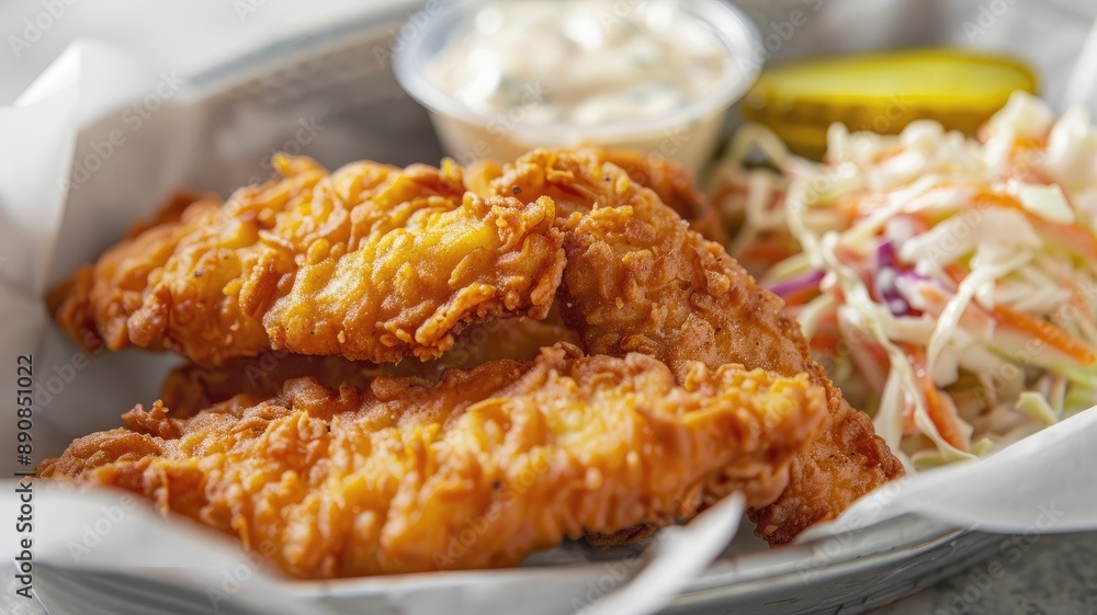 Golden fried chicken tenders with coleslaw, pickles, and dipping sauce Golden fried chicken tenders with coleslaw, pickles, and dipping sauce