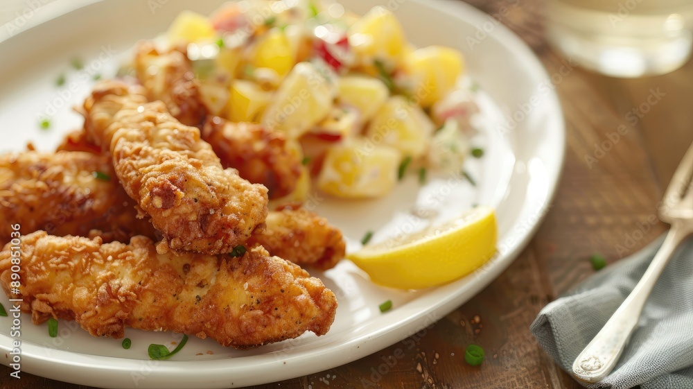 Golden fried chicken strips with potato salad garnish on white plate lemon wedge Golden fried chicken strips with potato salad garnish on white plate lemon wedge