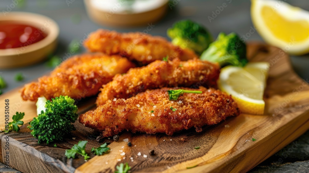 Crispy breaded chicken tenders with broccoli and lemon wedges on wooden board Crispy breaded chicken tenders with broccoli and lemon wedges on wooden board