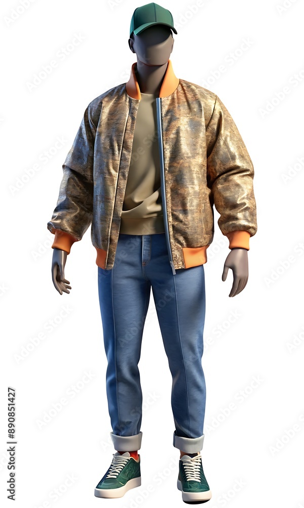 Mannequin in graphic t-shirt, bomber jacket, distressed jeans, sneakers, beanie, sunglasses Mannequin in graphic t-shirt, bomber jacket, distressed jeans, sneakers, beanie, sunglasses