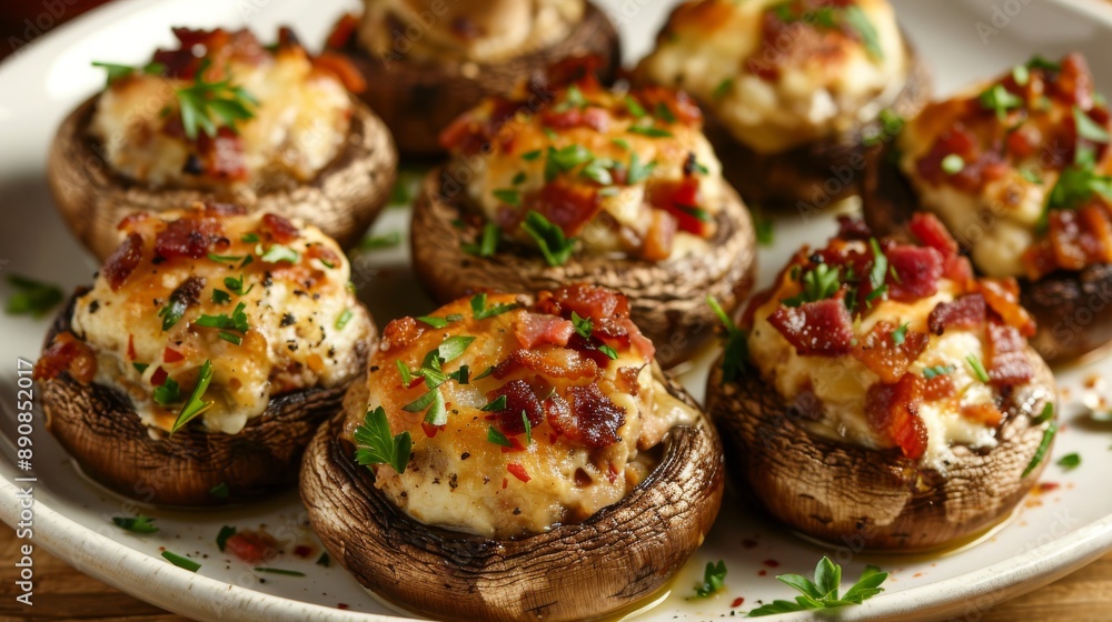 Mushrooms stuffed with bacon and cream cheese display an irresistible presentation. Mushrooms generously filled with cream cheese and crispy pieces of bacon. Mushrooms stuffed with bacon and cream cheese display an irresistible presentation. Mushrooms generously filled with cream cheese and crispy pieces of bacon.