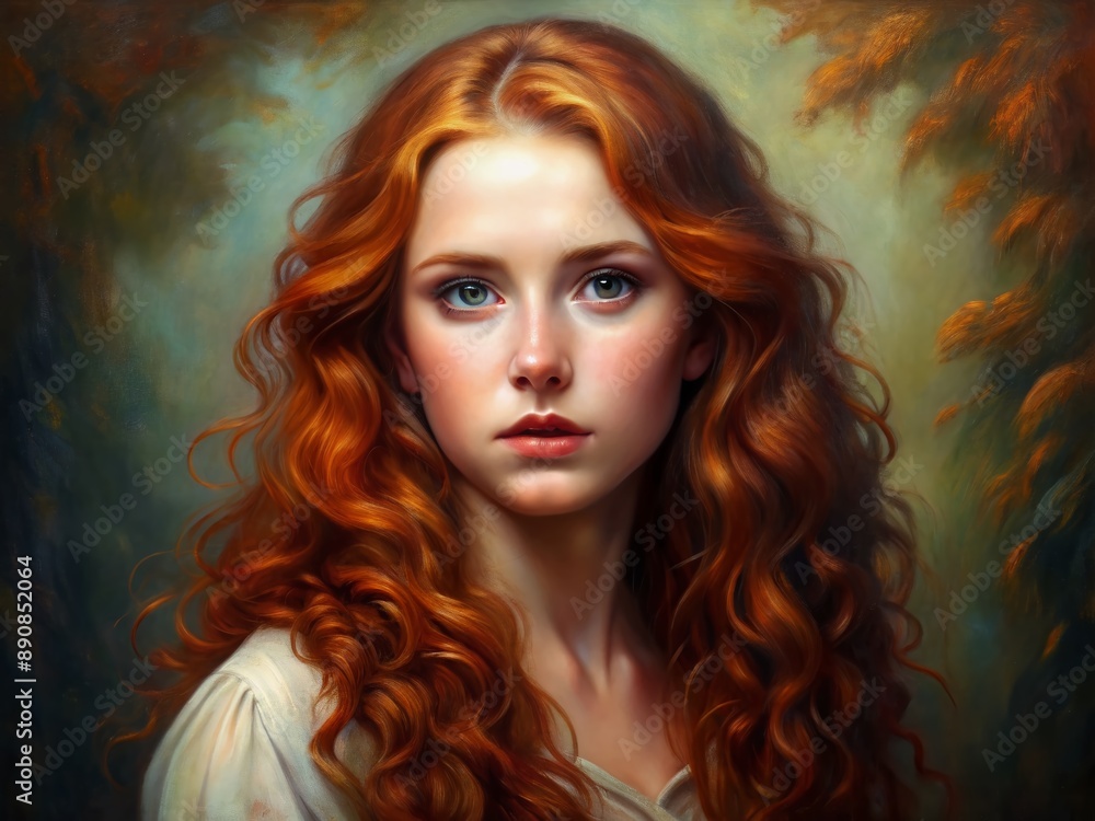 Vibrant red hair flows masterfully down a canvas, capturing the elegance of a young woman's features in this stunning, intricate, oil-painted portrait artwork. Vibrant red hair flows masterfully down a canvas, capturing the elegance of a young woman's features in this stunning, intricate, oil-painted portrait artwork.