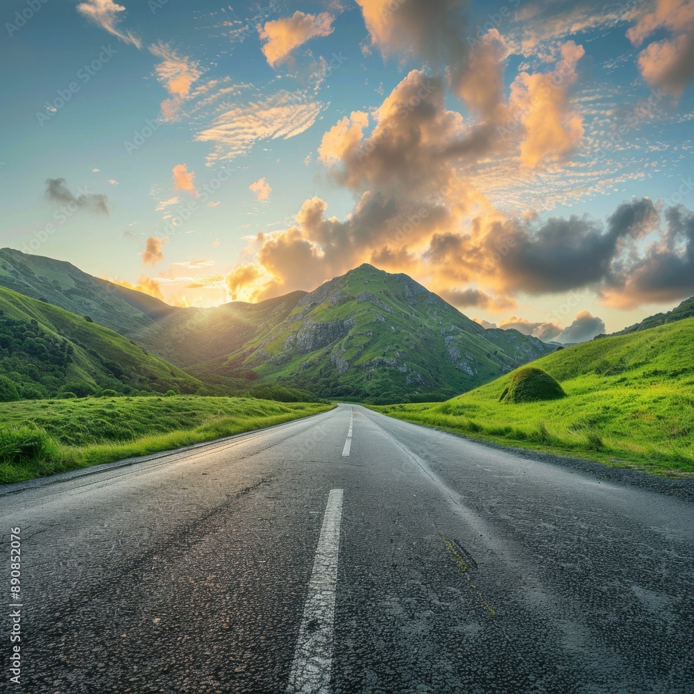 A road with a mountain in the background. The sky is cloudy and the sun is setting. The road is empty and the view is beautiful A road with a mountain in the background. The sky is cloudy and the sun is setting. The road is empty and the view is beautiful