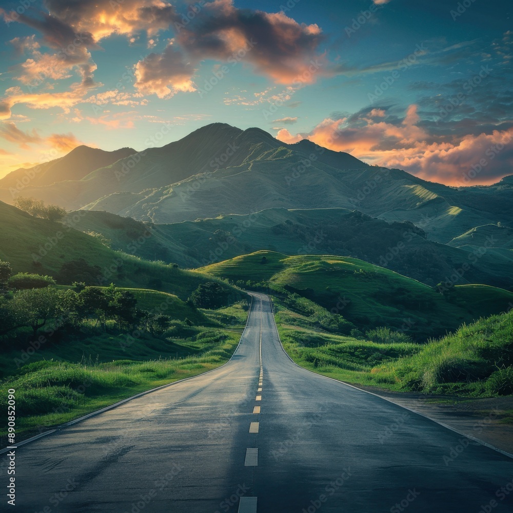 A long road with a mountain in the background. The road is empty and the sky is cloudy A long road with a mountain in the background. The road is empty and the sky is cloudy