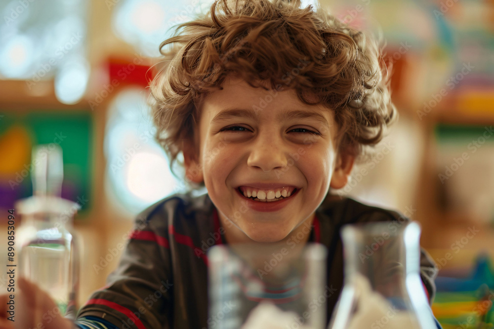 Laughing boy in science classroom Laughing boy in science classroom