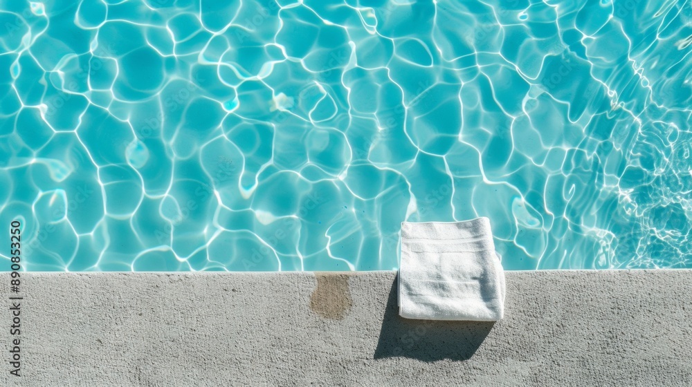 A towel is laying on the edge of a pool A towel is laying on the edge of a pool