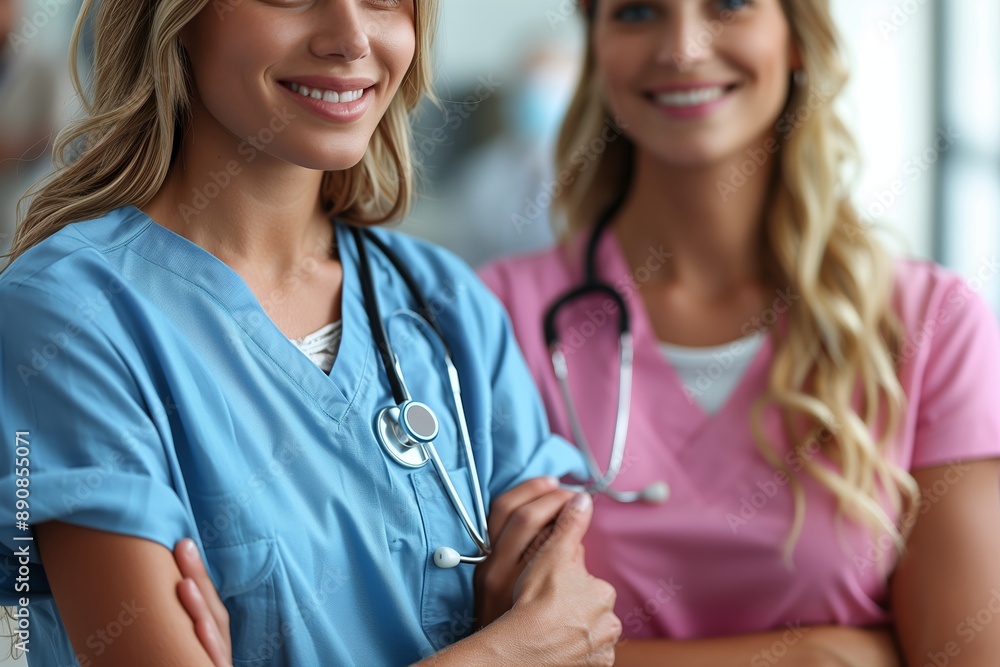Two Smiling Female Nurses Standing Together in a Healthcare Setting Two Smiling Female Nurses Standing Together in a Healthcare Setting