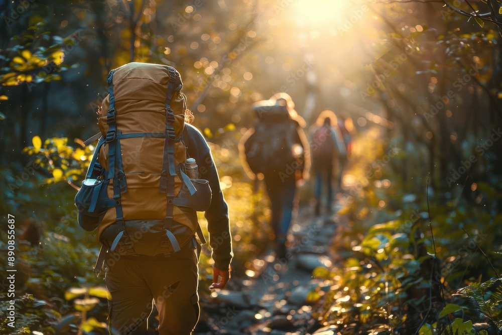 A group of hikers walk through a forest, sunlight streaming through the trees, on a journey of discovery. A group of hikers walk through a forest, sunlight streaming through the trees, on a journey of discovery.