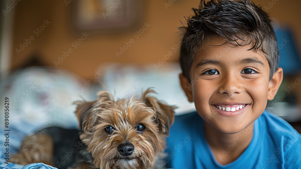 Little happy preschool child on bed with his dog Little happy preschool child on bed with his dog