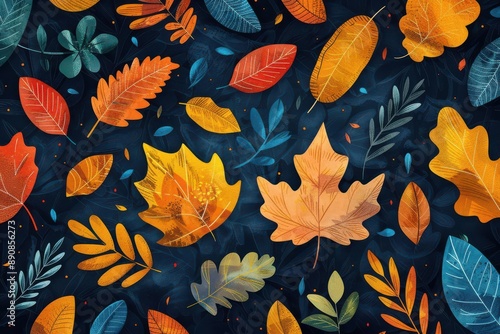 A seamless pattern of colorful autumn leaves on a dark background. © Onzdemia