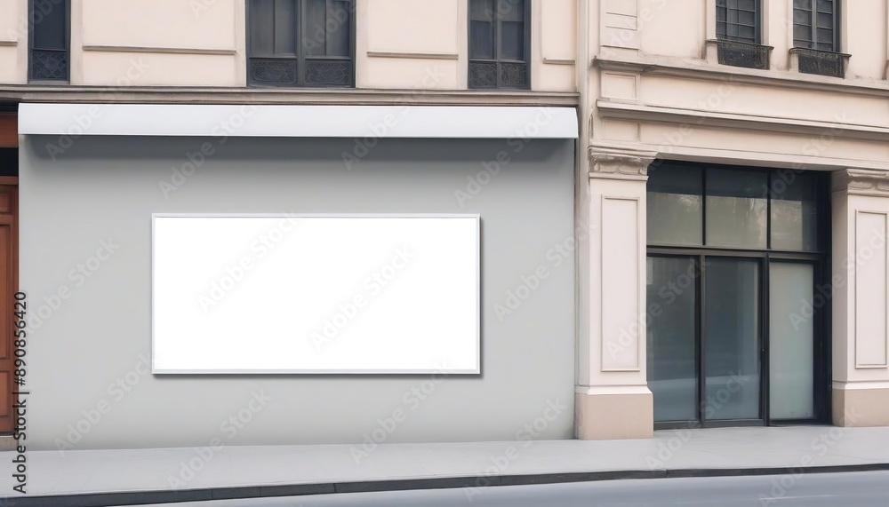 Fototapeta premium Blank store signage or poster banner for mock-up. Empty signboard of shop frontage on the street side that attach on wall, a billboard in the center of the city created with generative ai.