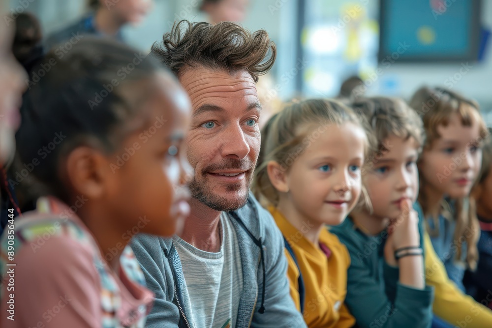 A cheerful teacher is engaging with a diverse group of attentive young students in a classroom setting. The children's focused expressions, highlighting a positive learning environment. A cheerful teacher is engaging with a diverse group of attentive young students in a classroom setting. The children's focused expressions, highlighting a positive learning environment.