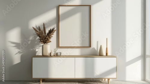 A minimalist sideboard adorned with vases and dry foliage, bathed in sunlight creating elegant shadows on the wall. photo