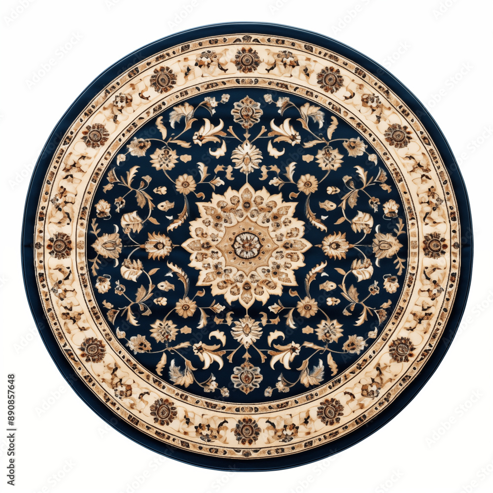 Elegant Round Oriental Carpet with Intricate Floral Patterns on a Deep Blue Background Elegant Round Oriental Carpet with Intricate Floral Patterns on a Deep Blue Background