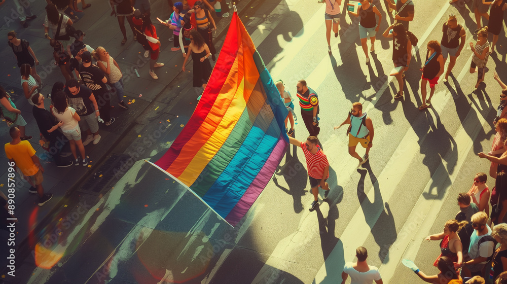 Fototapeta premium People with rainbow flag on pride parade