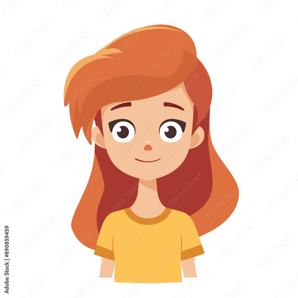 A girl with long red hair is smiling. She is wearing a yellow shirt. The girl is looking at the camera A girl with long red hair is smiling. She is wearing a yellow shirt. The girl is looking at the camera