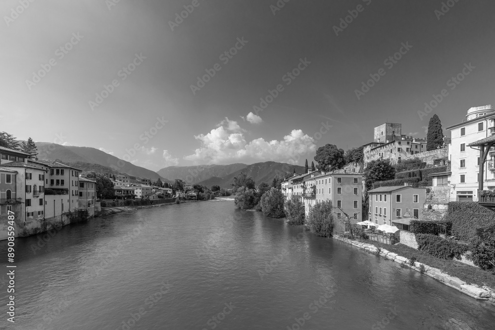 view to historic skyline of Bassano del Grappa with the Old wooden Bridge, also called ponte degli Alpini, Italy view to historic skyline of Bassano del Grappa with the Old wooden Bridge, also called ponte degli Alpini, Italy