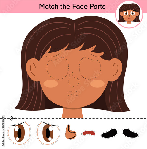 Face Parts cut and glue game with a cute girl. Educational activity page for kids. Matching game for school and preschool. Vector illustration