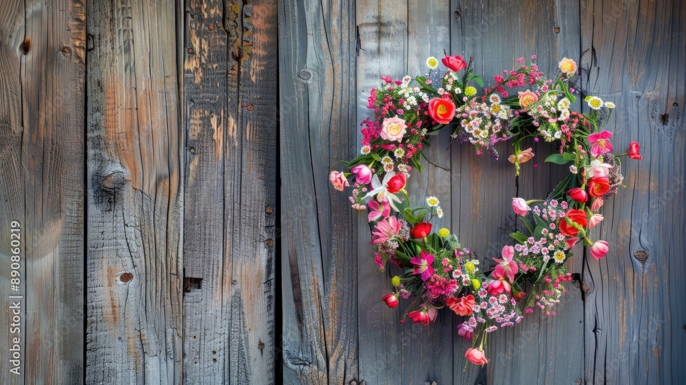 Heart-shaped floral wreath on rustic wooden wall background Heart-shaped floral wreath on rustic wooden wall background
