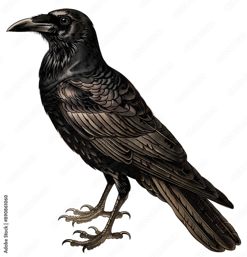 Fototapeta premium Vintage retro black and white painted illustration of a crow