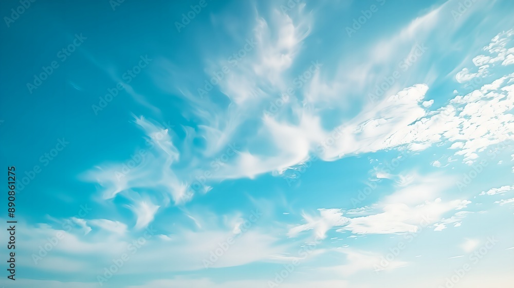 Bright blue sky with wispy white clouds and soft sunlight.
