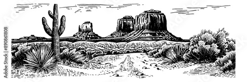 desert america engraving black and white outline