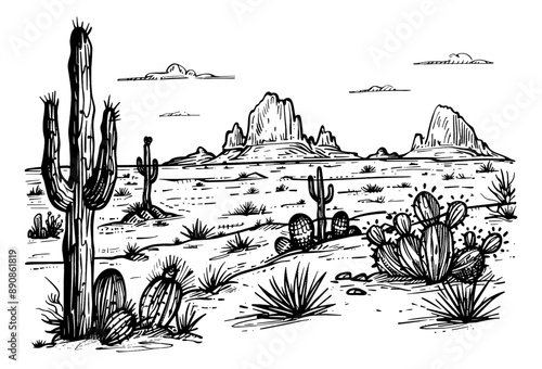 desert america engraving black and white outline
